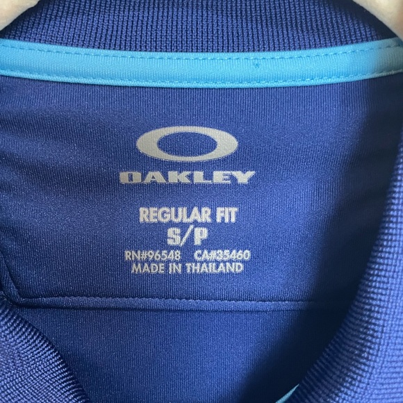 Oakley Polo Shirt Spellout Blue Orange Stripe Short Sleeve Golf Mens Small - Picture 5 of 11